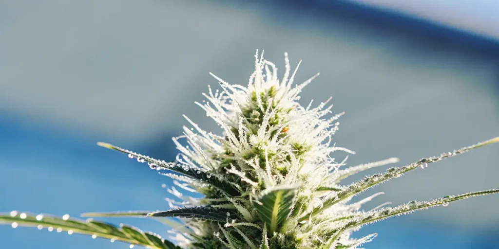 White trichome-covered cannabis flower in sunlight.