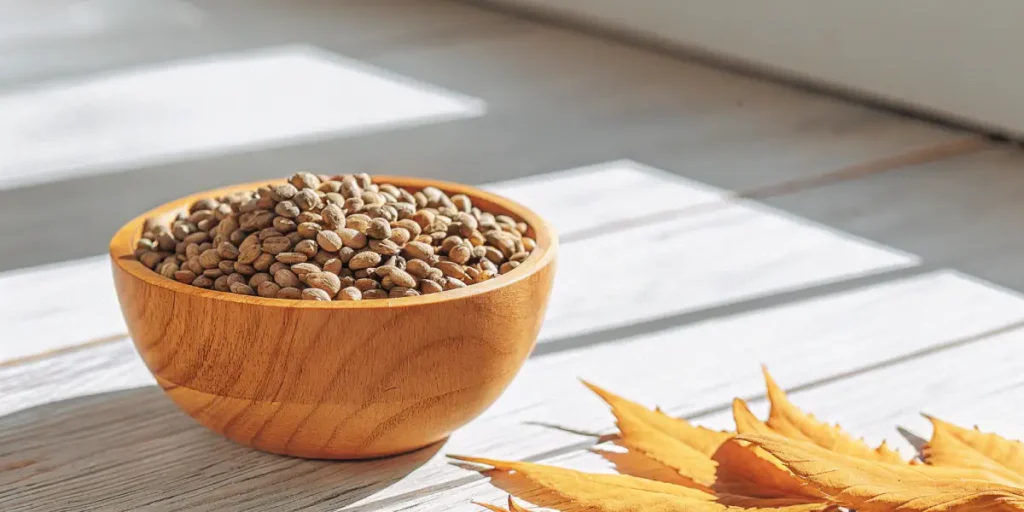 Wooden bowl filled with feminized cannabis seeds.