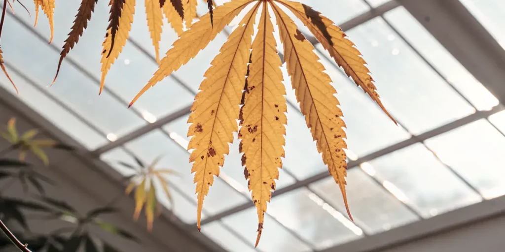 Close-up of a yellow cannabis leaf with visible spots inside a greenhouse.