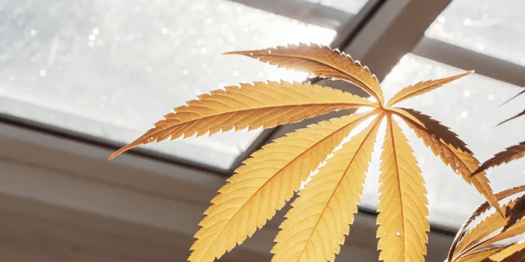 Close-up of a yellow cannabis leaf under sunlight inside a greenhouse.