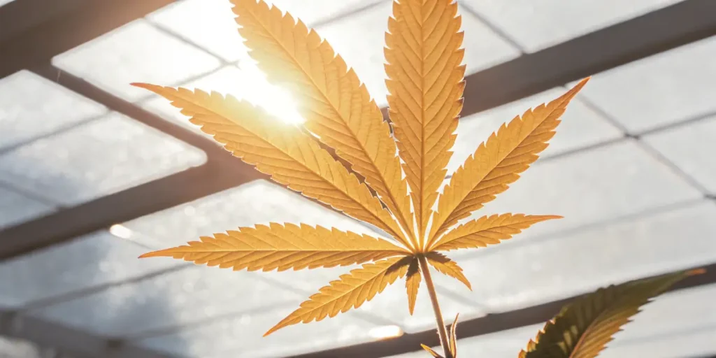 Yellow cannabis leaf illuminated by sunlight inside a greenhouse.