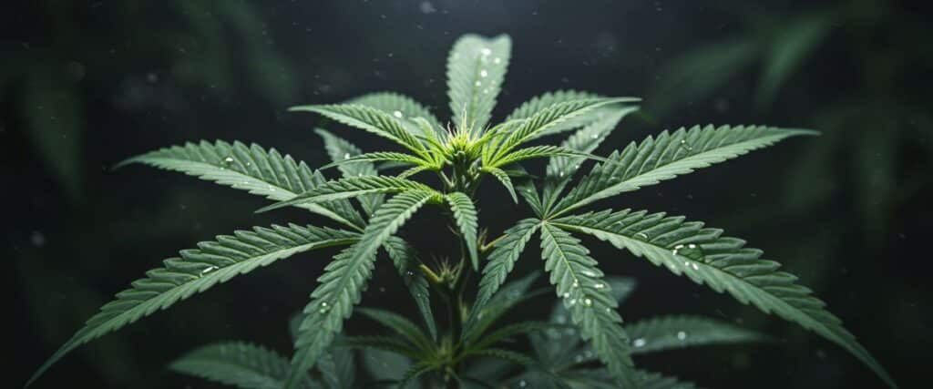 Cannabis plant in vegetative stage with wide green leaves and delicate moisture droplets, photographed in a low-light environment. Ideal for educational content on early plant development.