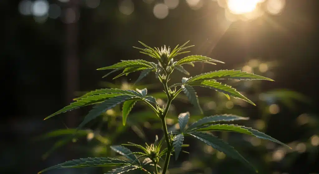 Young-cannabis-plant-sunlight-outdoor with fresh green leaves lit by warm sunlight.