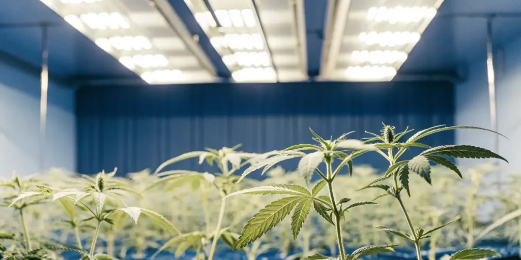 Young cannabis plants under blue LED lights in a controlled indoor grow room.