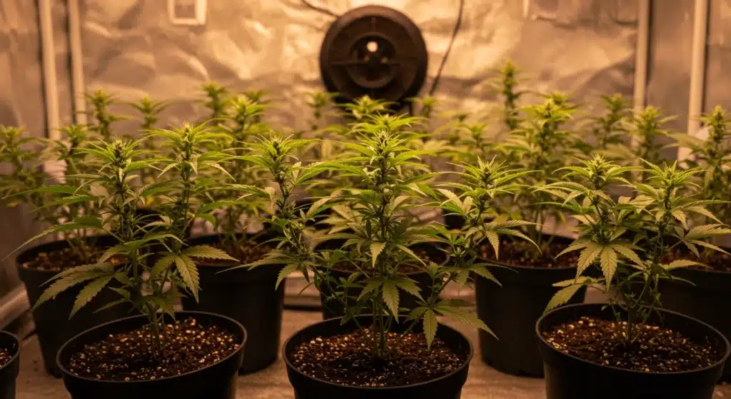 Cannabis plants in full flowering stage under strong indoor LED lights.