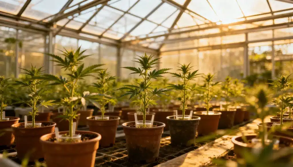 Young cannabis plants in pots inside a sunlit greenhouse.