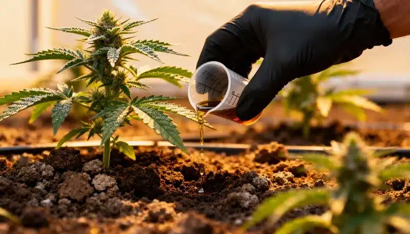 AK x Somango Auto plant being nourished with liquid fertilizer during early flowering, promoting strong roots, foliage, and balanced nutrient uptake.