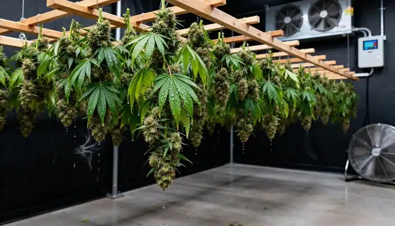 AK59 Auto branches drying in a controlled environment to preserve terpenes, flavor, and potency, ensuring top-quality results for every harvest.