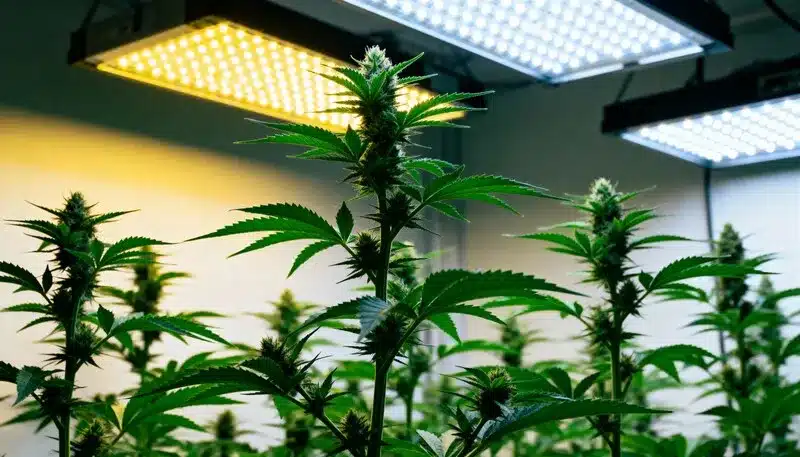 Alaskan Thunderfuck plants flowering indoors under balanced LED lighting, developing dense buds rich in trichomes and earthy, pine-scented terpenes.