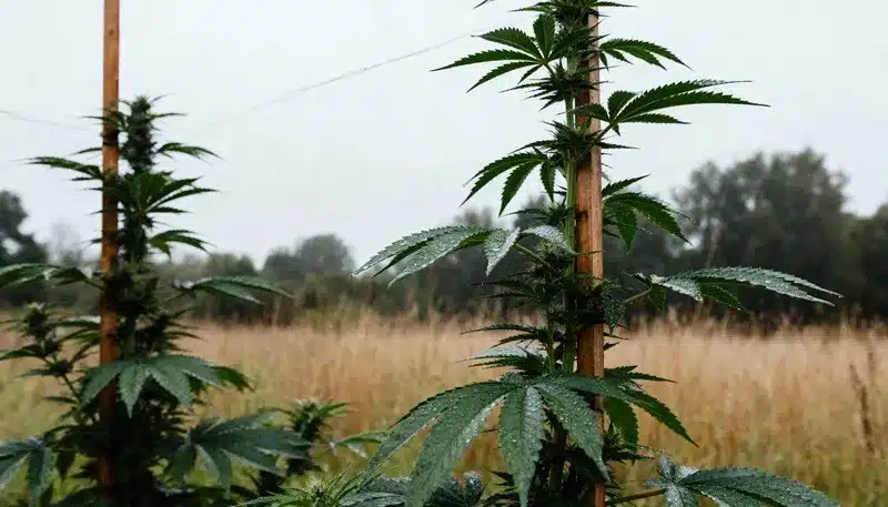 Alaskan Thunderfuck plants growing tall outdoors with support stakes, thriving in humid northern conditions with strong stems and frosty foliage.