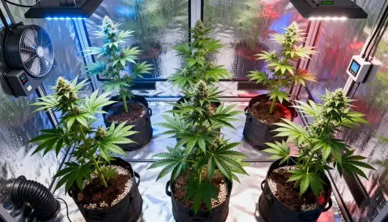 Alien GG Regular cultivated in a reflective grow tent with LED panels, producing plants and resinous buds under optimal conditions.