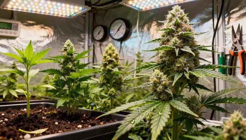 Alien GG Regular plants thriving under LED lights in mixed growth stages, showing strong structure, thick buds, and rich earthy aromas.