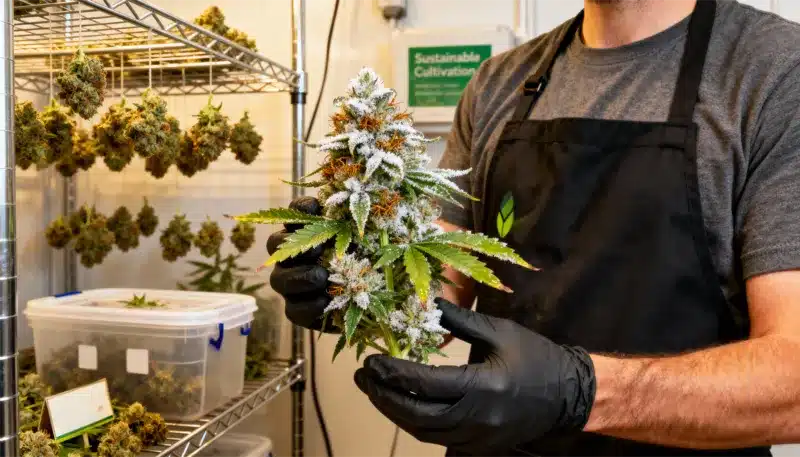 Alien OG Fast Version cannabis bud freshly harvested and hand-trimmed, featuring dense trichomes, vivid orange pistils, and premium cultivation quality.