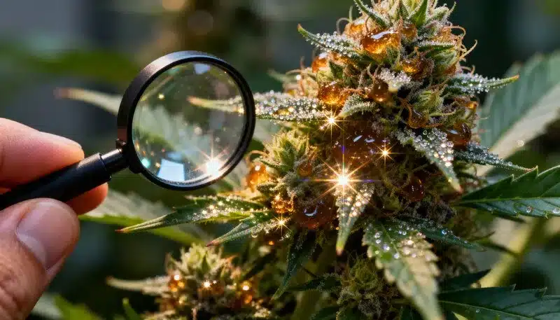 Alien Rock Candy F1 bud under magnification showing dense trichomes and sticky resin glands, reflecting exceptional cannabinoid and terpene production.