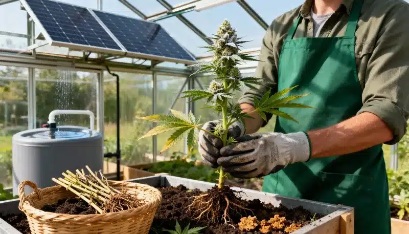 Alien Technology Regular plant being carefully transplanted in a solar-powered greenhouse, showing strong roots, healthy foliage, and organic cultivation.