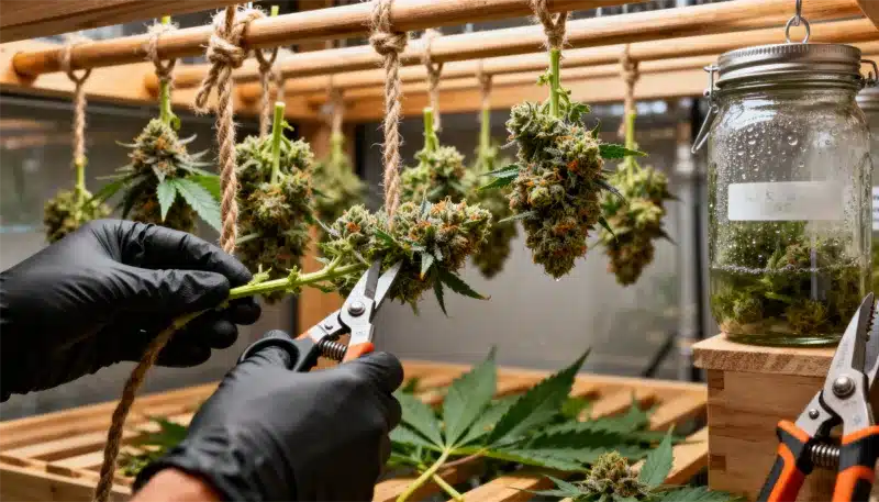 Alien Technology x Do-Si-Dos buds being hand-trimmed and dried, highlighting dense trichomes, sticky resin, and professional post-harvest processing.