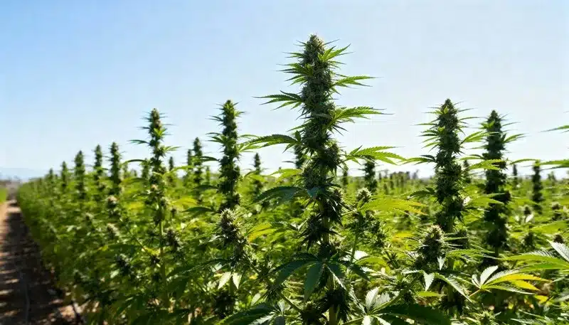 Alien Technology x Do-Si-Dos plants flourishing under natural sunlight with tall colas, thick buds, and resin production ideal for outdoor growing.