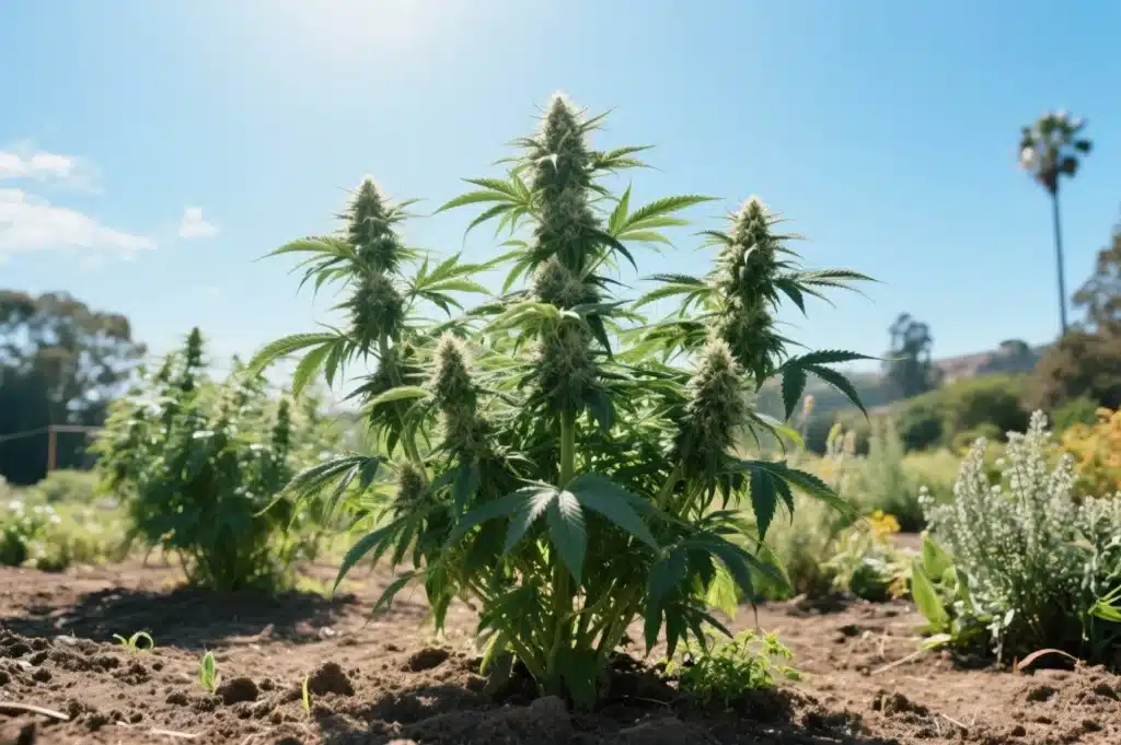 GG4 x Z OG thriving outdoors. This hybrid combines Gorilla Glue #4 and Z OG for dense buds, strong resilience, and a balanced, flavorful profile.