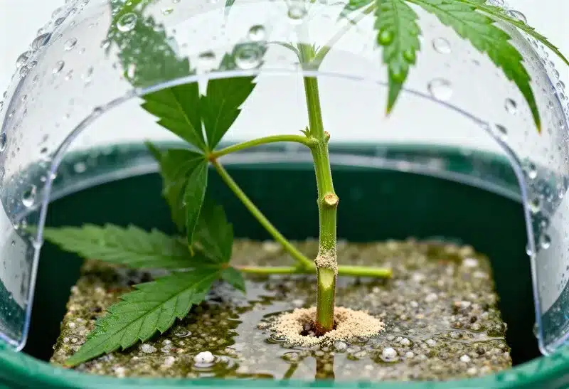 A Gorilla x White Widow clone developing roots in a humid dome, showing strong genetics and rapid vegetative growth potential.