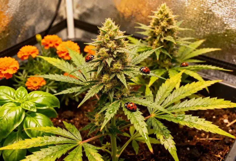 Gorilla x White Widow thrives in organic soil with companion plants and ladybugs, producing resinous buds in a pest-free environment.