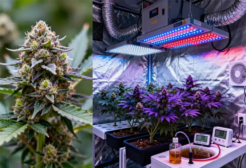 Grandaddy Black matures under full-spectrum LEDs, showing dense, resinous buds and vibrant colors rich in terpenes and THC.