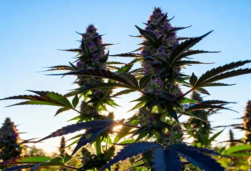 Grandaddy Black plants thriving outdoors with deep purple buds, rich trichomes, and powerful fruity aroma during late flowering.