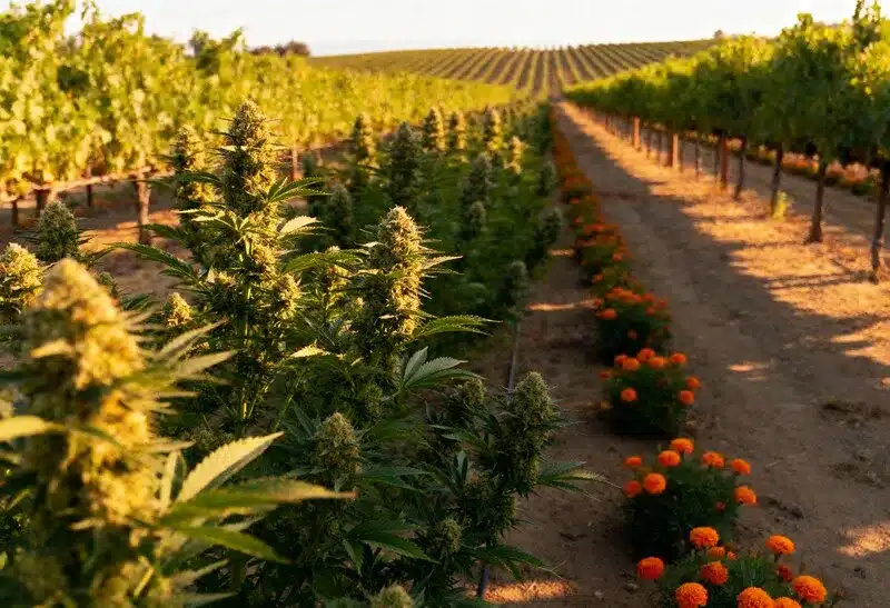 Granddady Gorilla Auto thriving outdoors beside marigolds, producing dense buds with rich aromas under full sunlight and organic care.