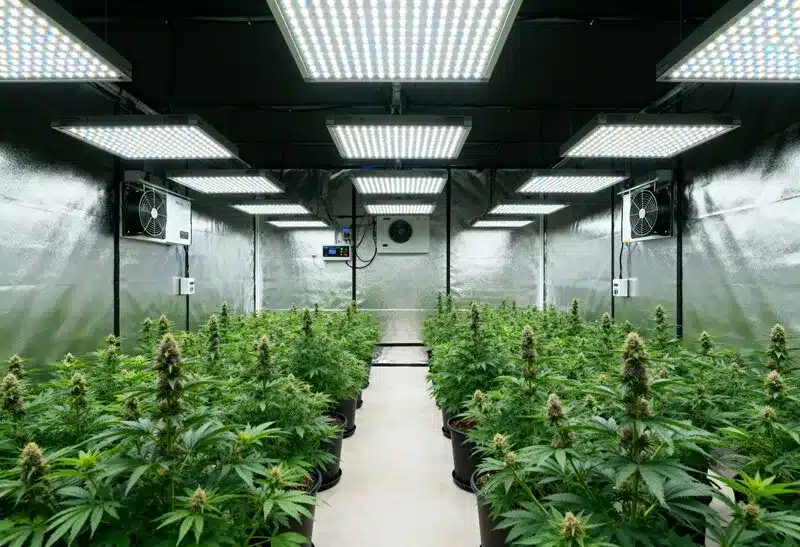 Grape Fruit Fast Version thriving indoors under LED lighting, producing dense buds and sweet citrus aroma with a short flowering cycle.