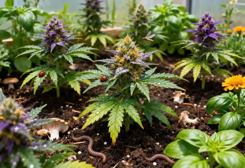 Grape Fruit Fast Version growing in organic soil with companion plants, showing purple buds and strong pest resistance naturally.