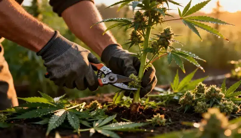 Grapefruit Auto plant being carefully harvested outdoors at sunrise, showcasing ripe buds and vibrant trichomes for high-quality aromatic yields.