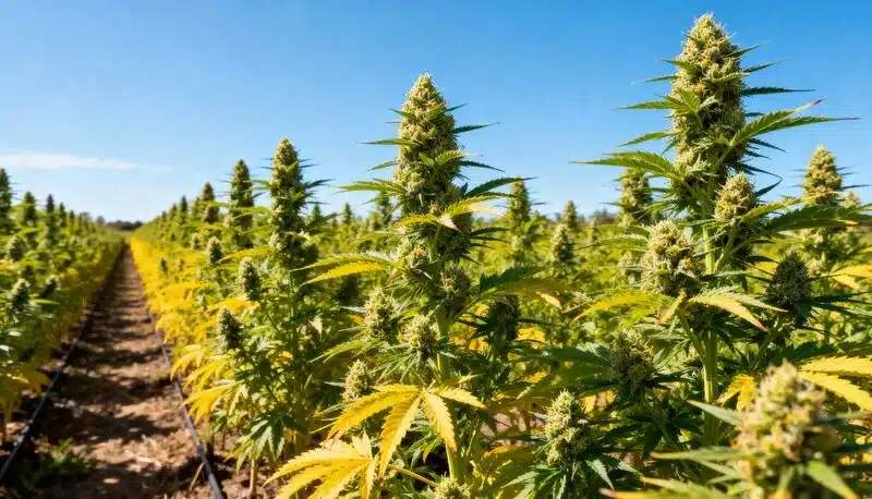 Grapefruit cannabis plants flourishing under natural sunlight with dense, resinous colas, showing vigorous outdoor growth and bright citrus-scented buds.