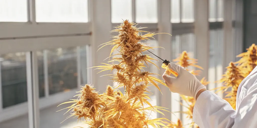 Scientist testing a flowering cannabis plant with a dropper in a lab.