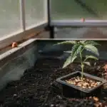 Autoflower cannabis seedling growing in greenhouse soil tray with morning light.