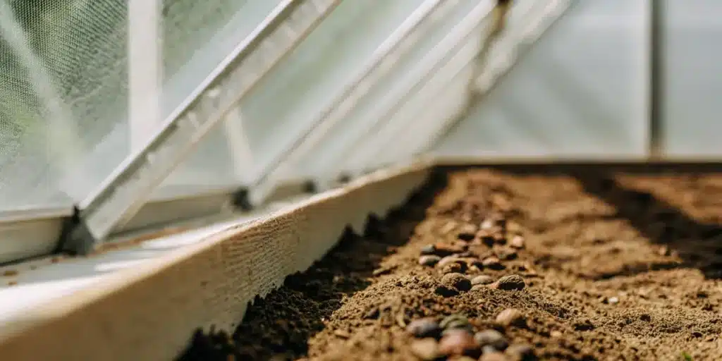 Autoflower cannabis seeds arranged in moist soil inside greenhouse bed.