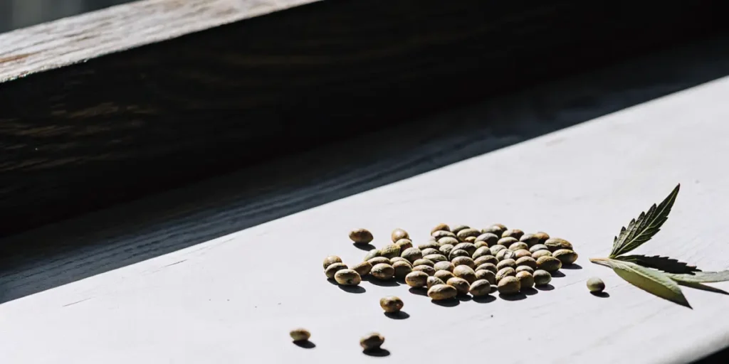Balanced THC CBD cannabis seeds under natural light beside a leaf.