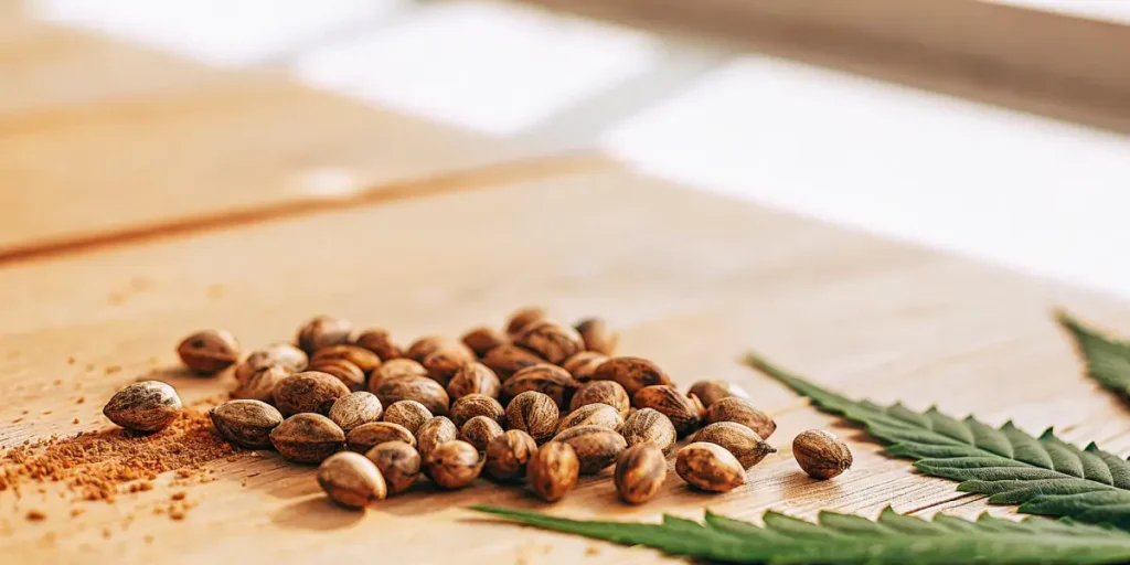 Balanced THC CBD cannabis seeds on a wooden table with green leaves.