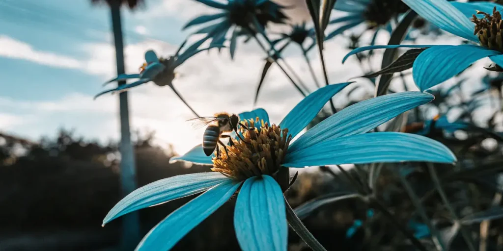 Honeybee collecting pollen from a blue flower near outdoor cannabis and carrot plants under morning sunlight.