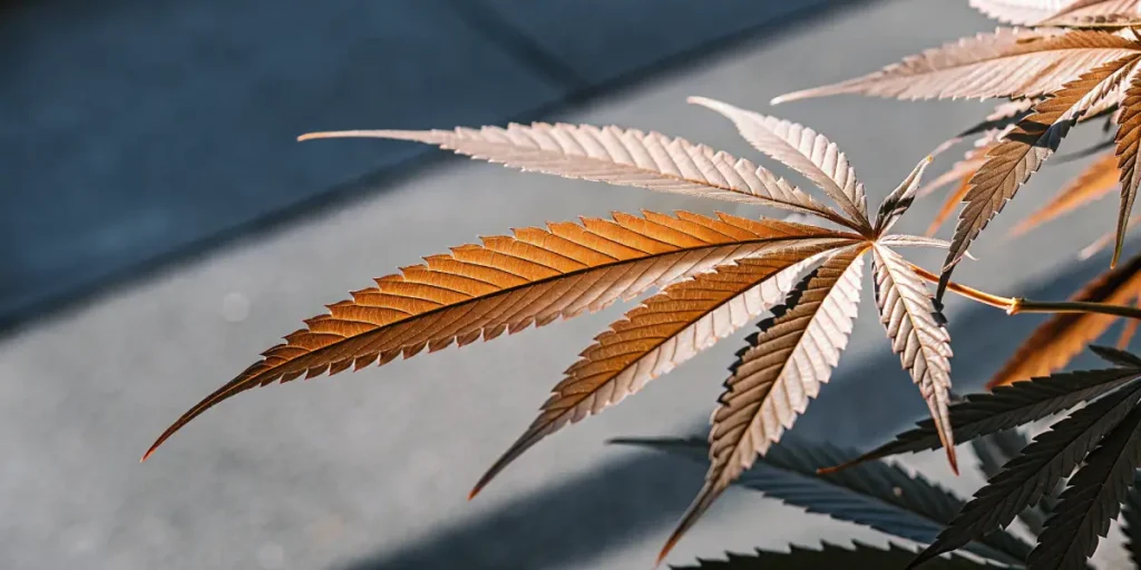 Brown cannabis leaf illuminated by natural sunlight.