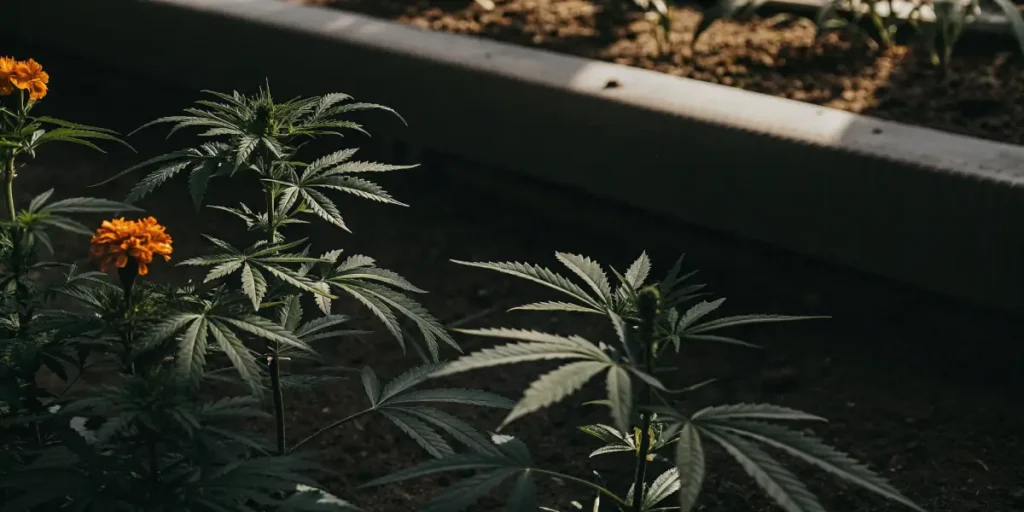 Cannabis plants and marigold flowers growing together in soil under soft light.