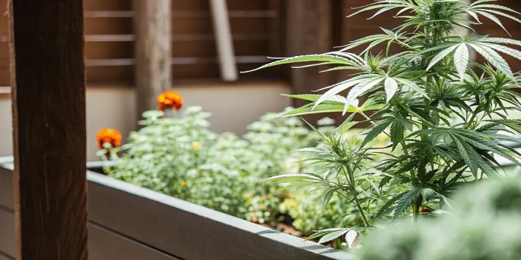 Cannabis plant growing near marigolds and greenery in a raised wooden planter.