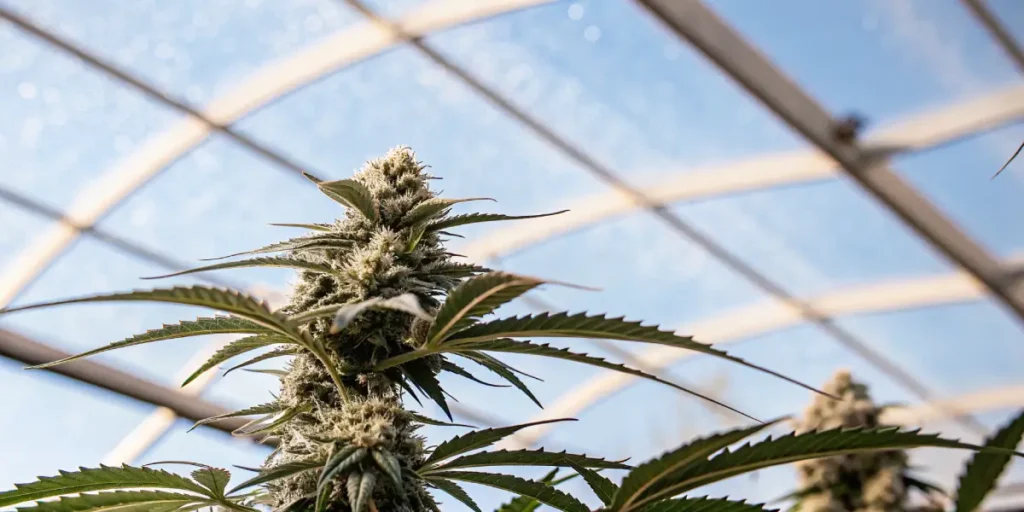 cannabis bud in greenhouse with visible trichomes under sunlight