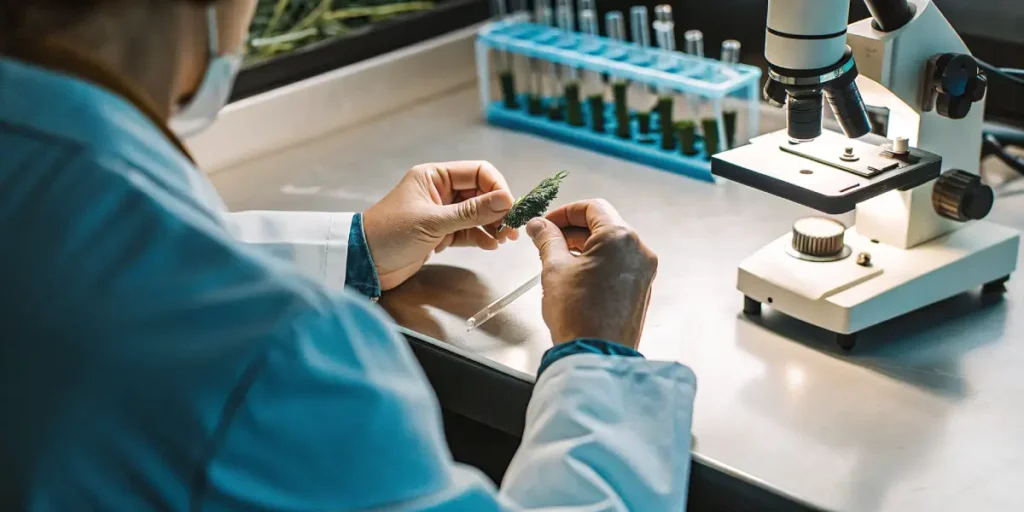 scientist analyzing cannabis bud under microscope in laboratory