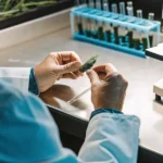 scientist analyzing cannabis bud under microscope in laboratory