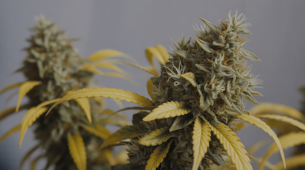 Cannabis bud late flowering stage with dense flowers, orange pistils, and yellow leaves indicating harvest readiness