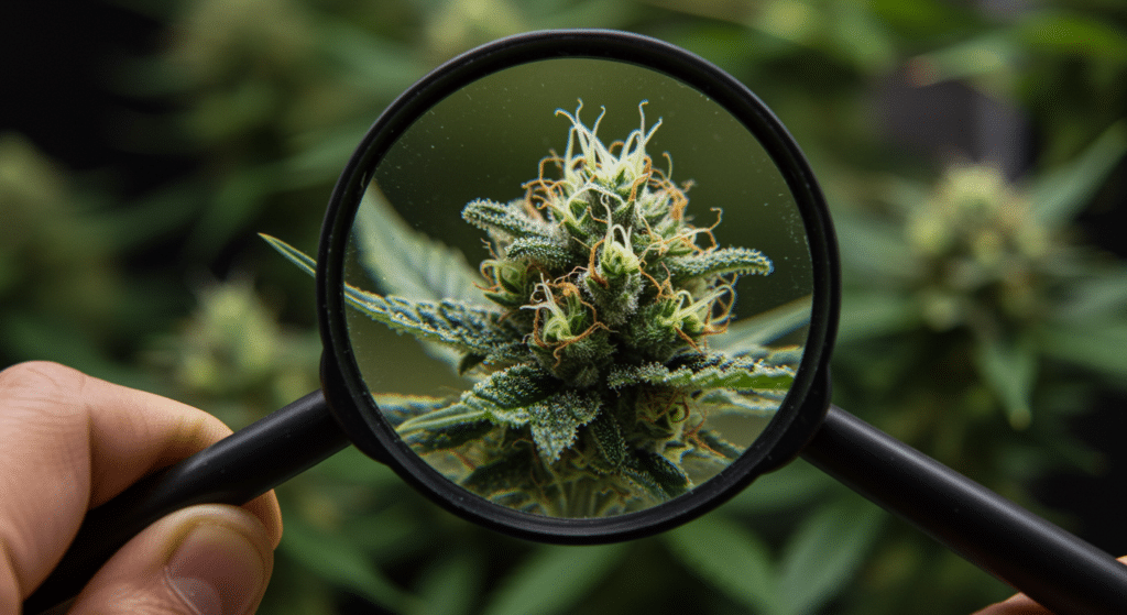 Cannabis bud under magnifying glass showing trichomes and resin maturity