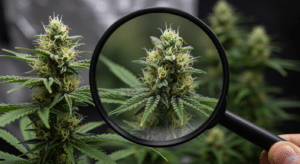 Cannabis bud magnifying glass trichomes close-up showing resin-coated flowers and pistils in late flowering stage