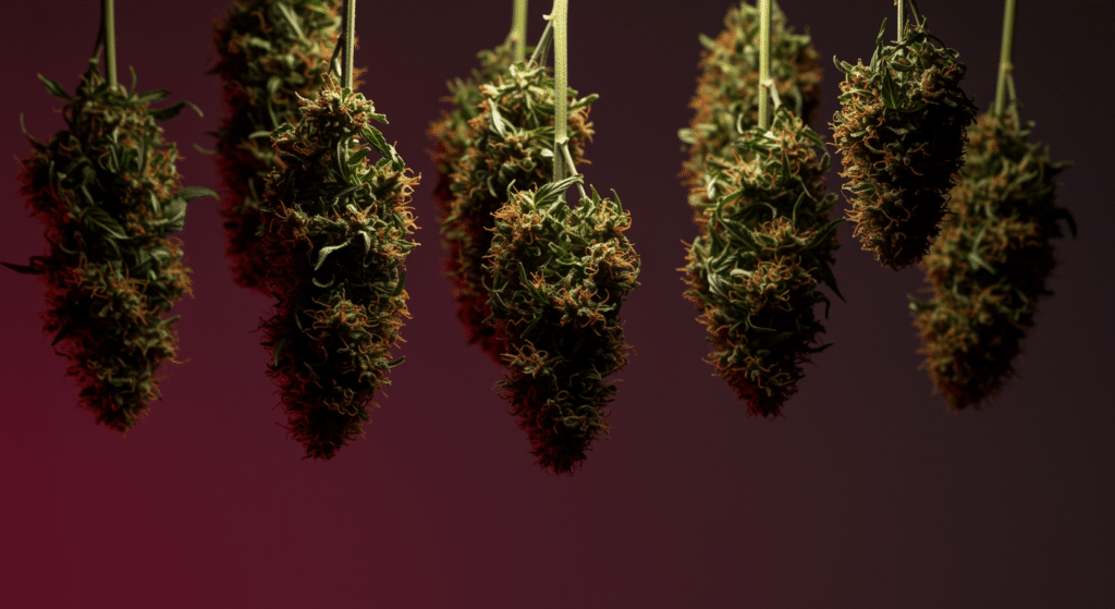 Cannabis buds hanging to dry during post-harvest curing process