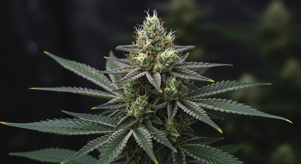 Cannabis cola dense buds indoor grow with resinous flowers and healthy green fan leaves