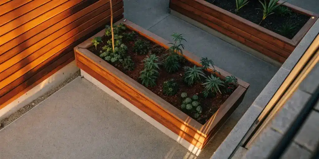 Cannabis plants growing in a modern raised garden bed with companion plants.