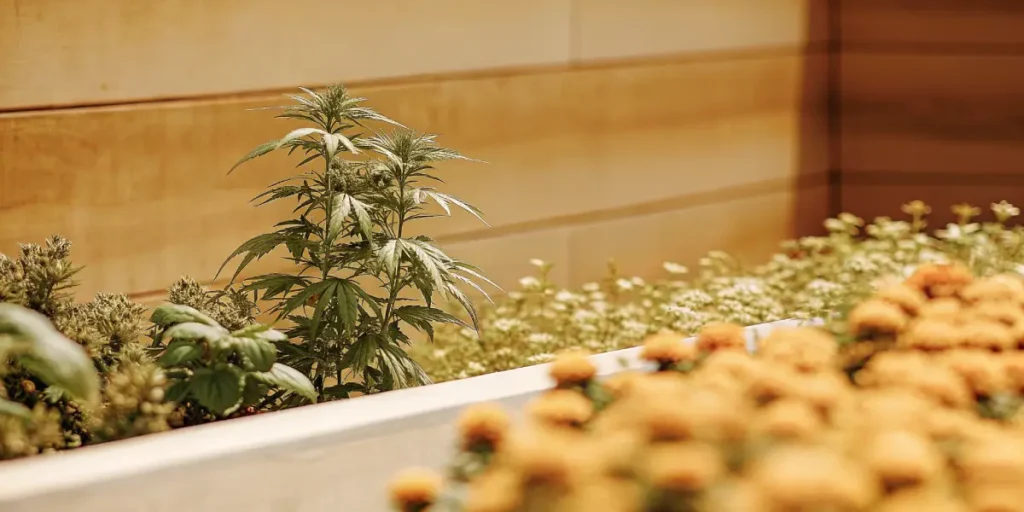 Cannabis plant growing alongside flowers and herbs in a garden bed.